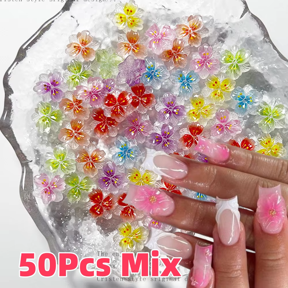 50 pièces 3D mixte dégradé fleur de cerisier breloques pour ongles 11mm cinq pétales fleur Nail Art 