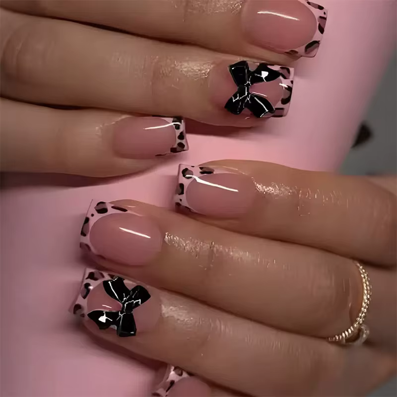 Faux ongles français à tête carrée courte, 24 pièces, strass, Design avec nœud floral, à pression, c
