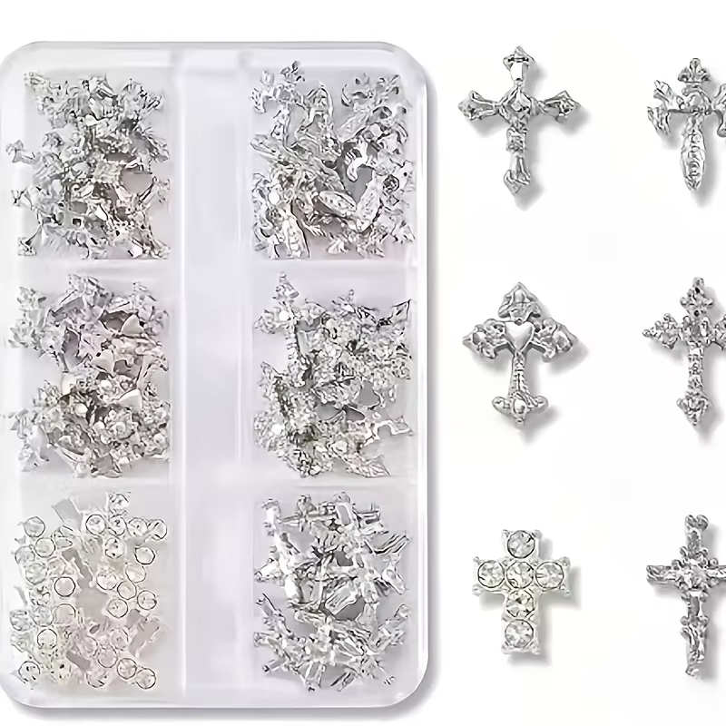 30 pièces par boîte, accessoires pour ongles en forme de croix or et argent, diamants pour ongles st