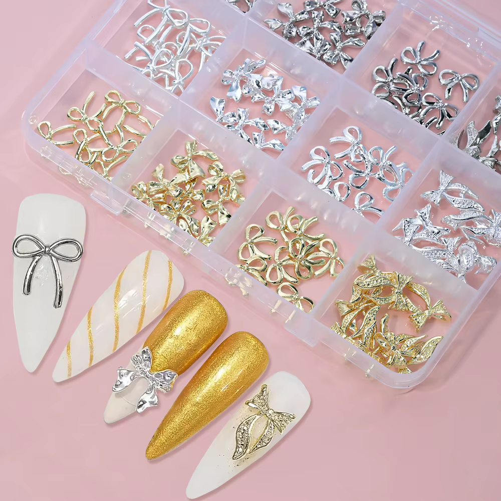 96/50 pièces 3D nœud papillon/ruban métal Nail Art breloques argent/or alliage arcs ongles strass dé
