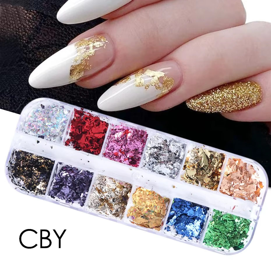 Feuilles d'or et d'argent pour ongles magnifiques, paillettes aléatoires, flocons d'aluminium, puce 