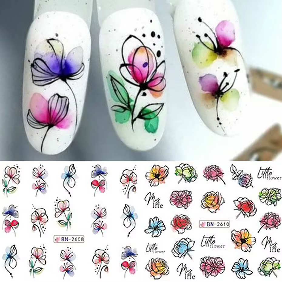 Autocollant de fleurs d'encre pour Nail Art, 12 pièces, décalcomanie d'eau d'été, fleurs en fleurs,