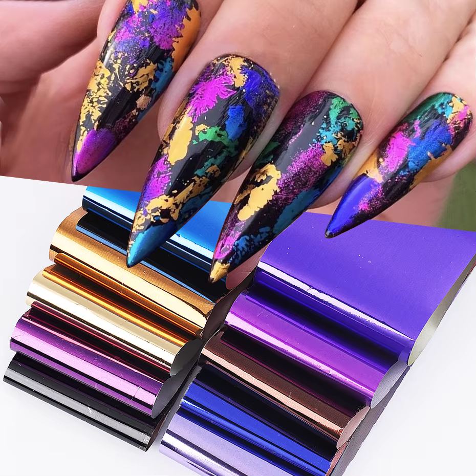 Feuilles de transfert d'ongles métalliques, 10 pièces, miroir or argent violet étoilé papier Gel ver