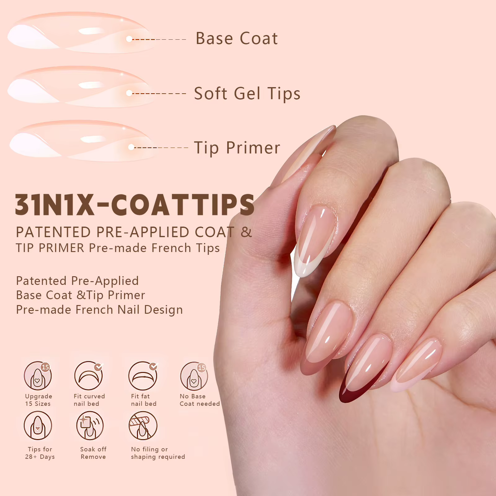 150 pièces multi-tailles faux ongles presse sur ongles acryliques amande français portant armure amo