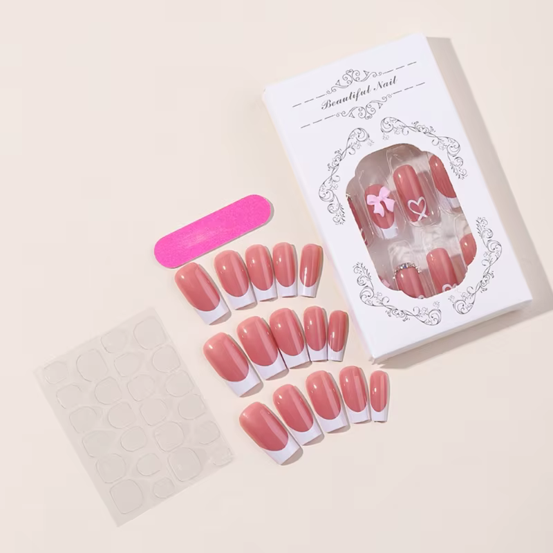 24 pièces nœuds nus embellis à pression sur les ongles, couverture complète, pointe française moyenn