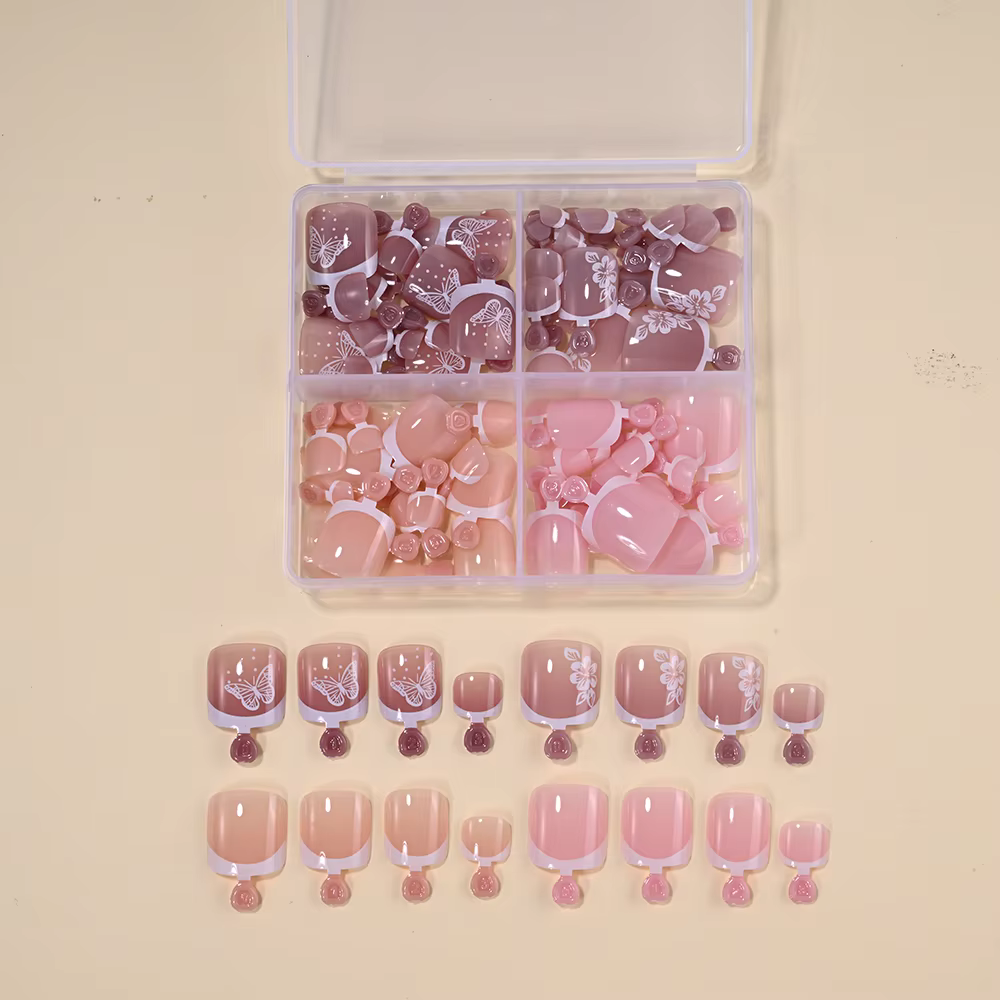 96 pièces/boîte faux ongles français papillon/fleur Design court carré presse sur l'ongle brillant c