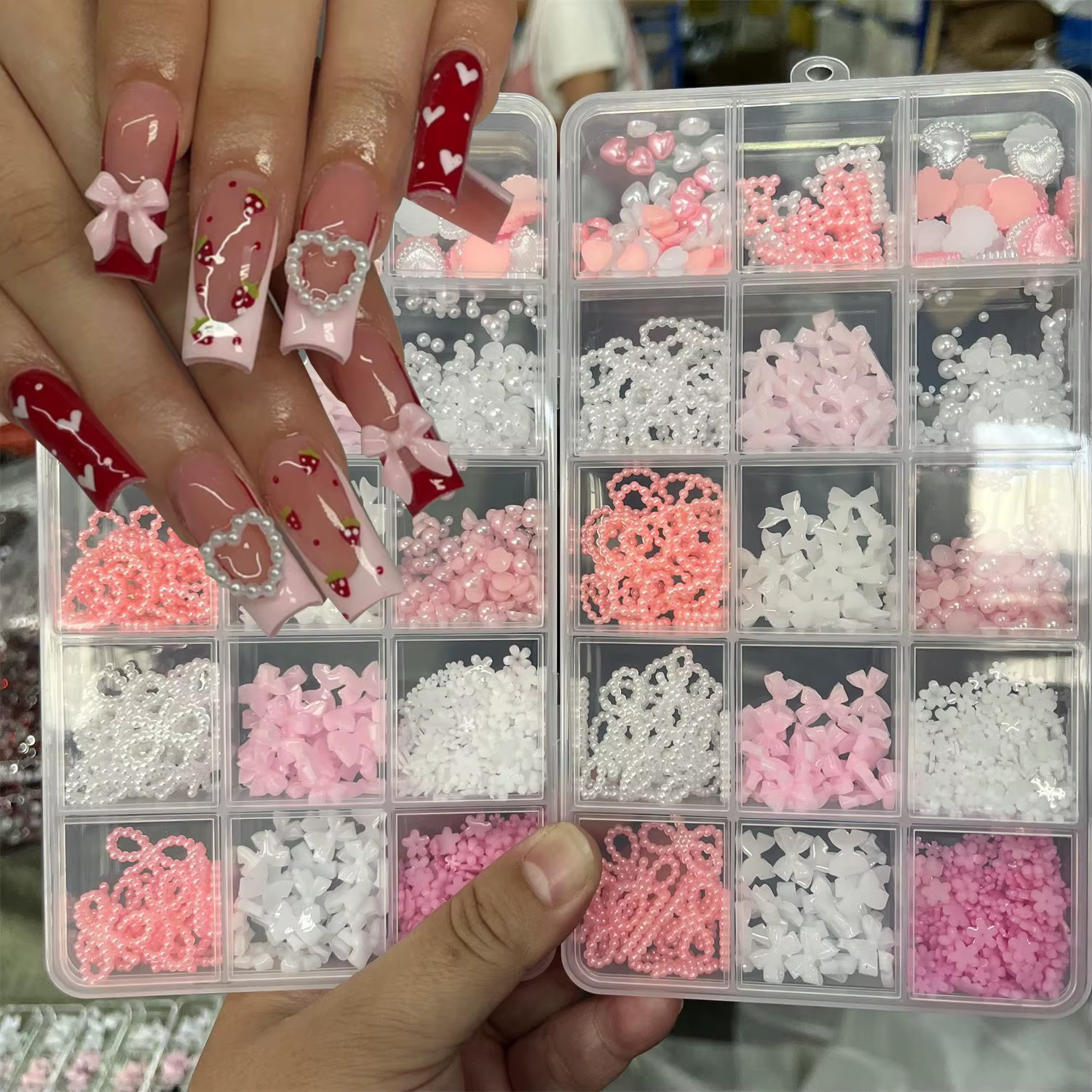 1 boîte rose blanc série arc coeur breloques pour ongles 3D acrylique Nail Art décorations perle 5 p