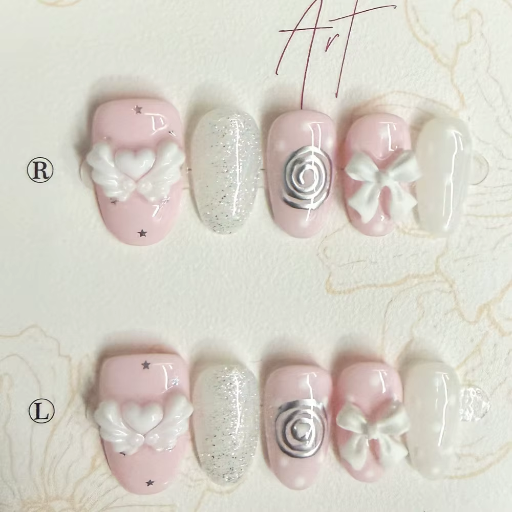 Faux ongles coréens vintage Wishcore courts faits à la main à presser, doux, féminins, mignons, à po