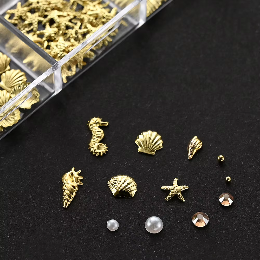 12 grilles 3D or océan Rivet breloques pour ongles mixte hippocampe/étoile de mer/perle de conque/Mi