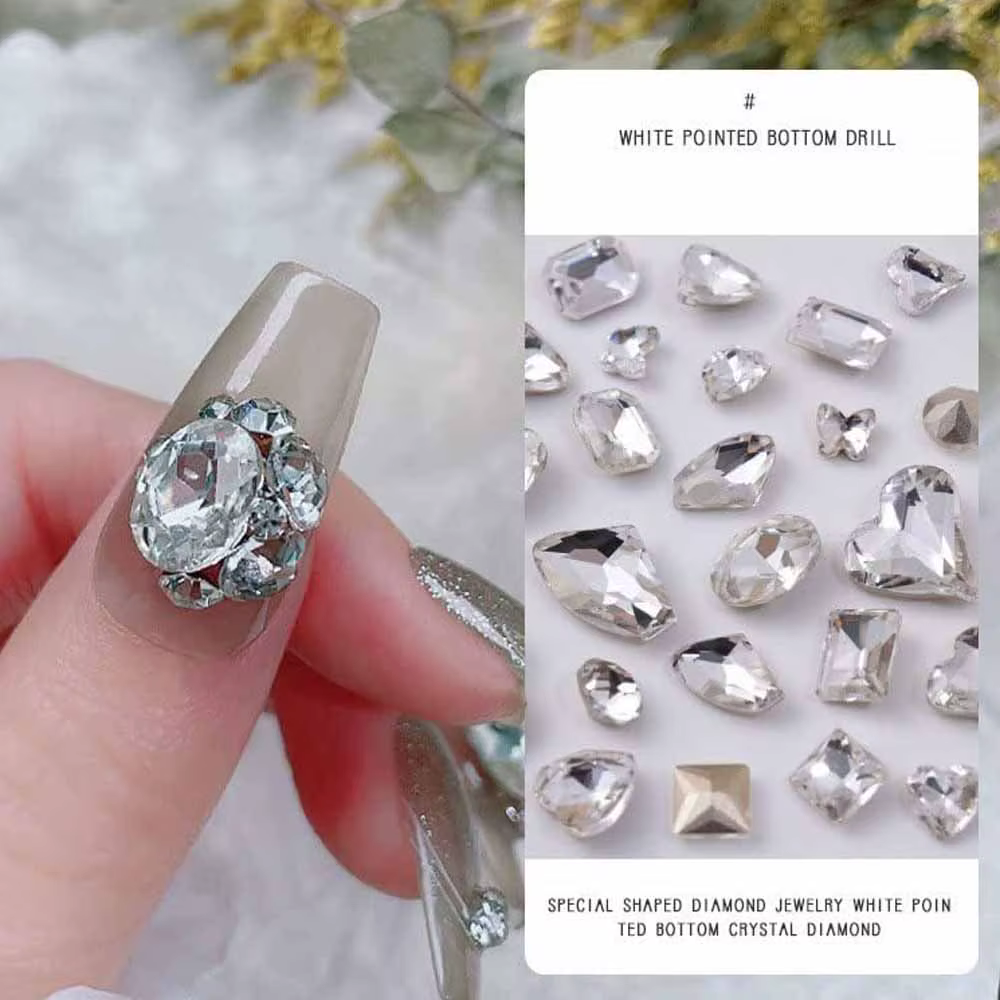 Strass 3D K9 en cristal blanc brillant pour Nail Art, formes mixtes, fond pointu, diamants en verre,