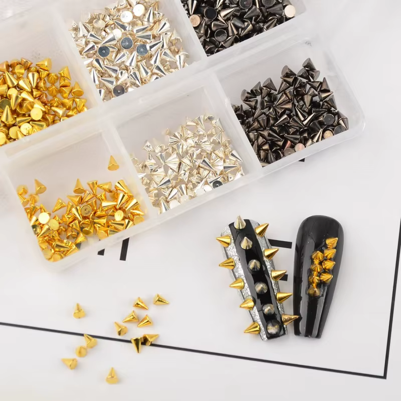 Rivets pour ongles Punk, 6 grilles, pointes, goujons métalliques, cône rond or/argent/noir, breloque