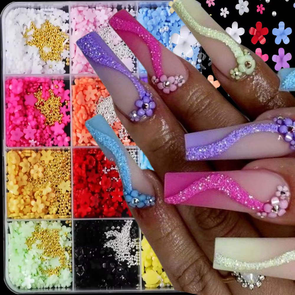 12 grilles de fleurs 3D colorées en acrylique pour nail art, mini fleurs à cinq pétales de 3/6/9 mm,