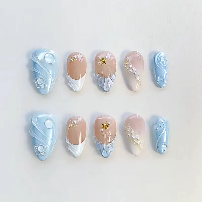 30 faux ongles style océan estival avec pointes françaises 3D tendance, ongles à presser de haute qu