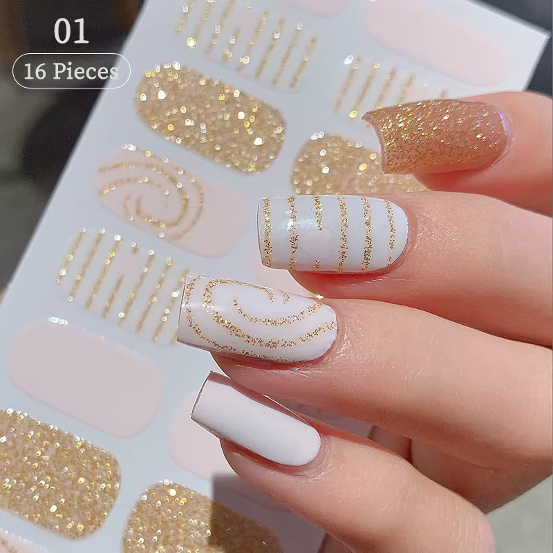 Autocollants pour ongles sans cuisson, Design à paillettes roses, Style français, couleur unie, couv