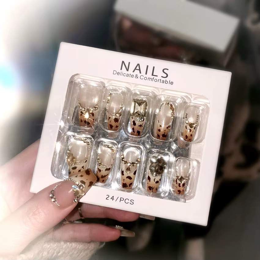 24 pièces automne motif léopard faux ongles conseils brillant grand cristal français portable presse