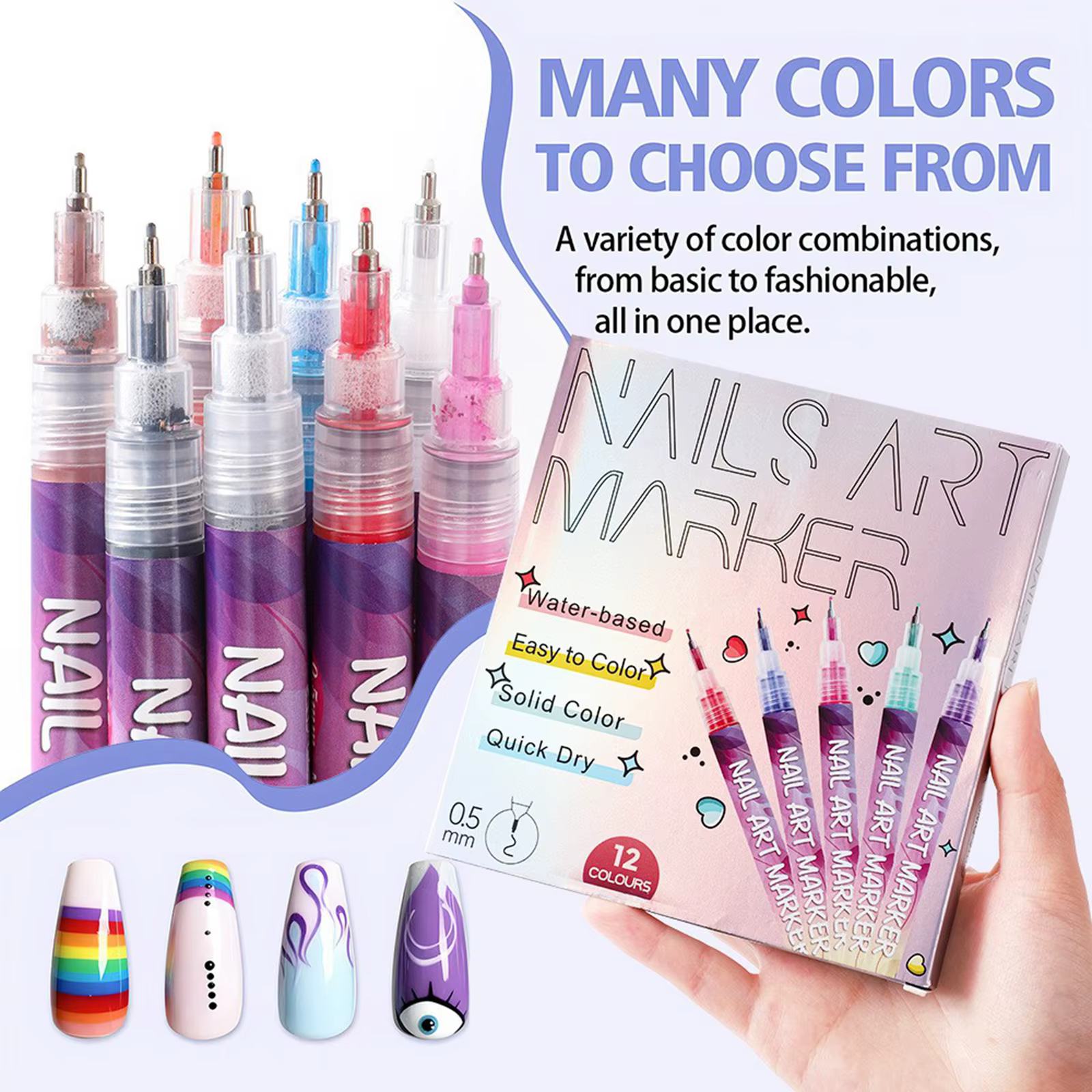 Stylo à pointe fine pour nail art, 12 pièces, outil de décoration d'ongles à base d'eau, accessoire
