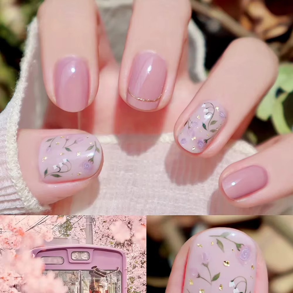 Faux ongles mi-longs pour femmes et filles, motifs floraux printemps-été, vert, bleu, orange, formes