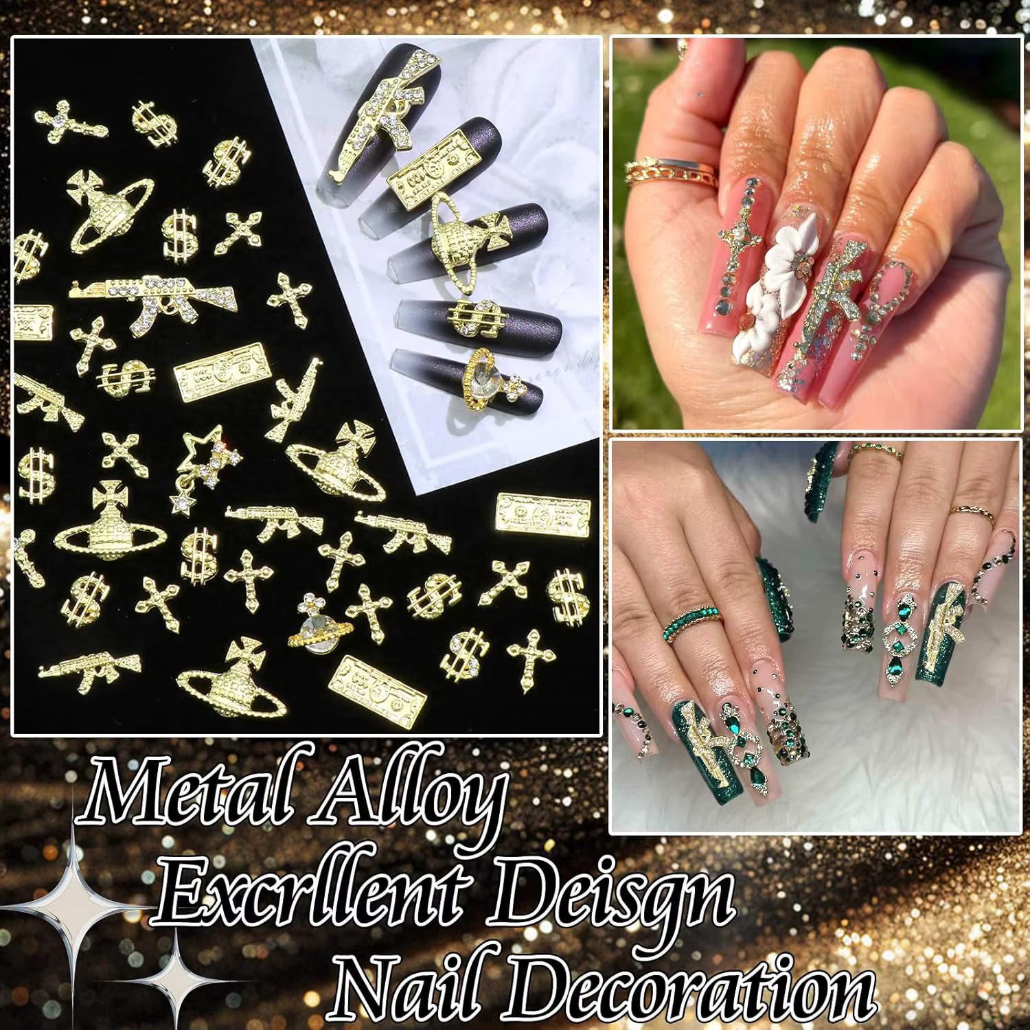 55 pièces pistolet ongles breloques 3D croix Nail Art bijoux or Dollar signe breloques ongles Multi