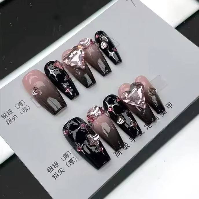 Faux ongles portables faits à la main, noir, rose, encre rose, Y2K, Spice Girls, éblouissent, Style 