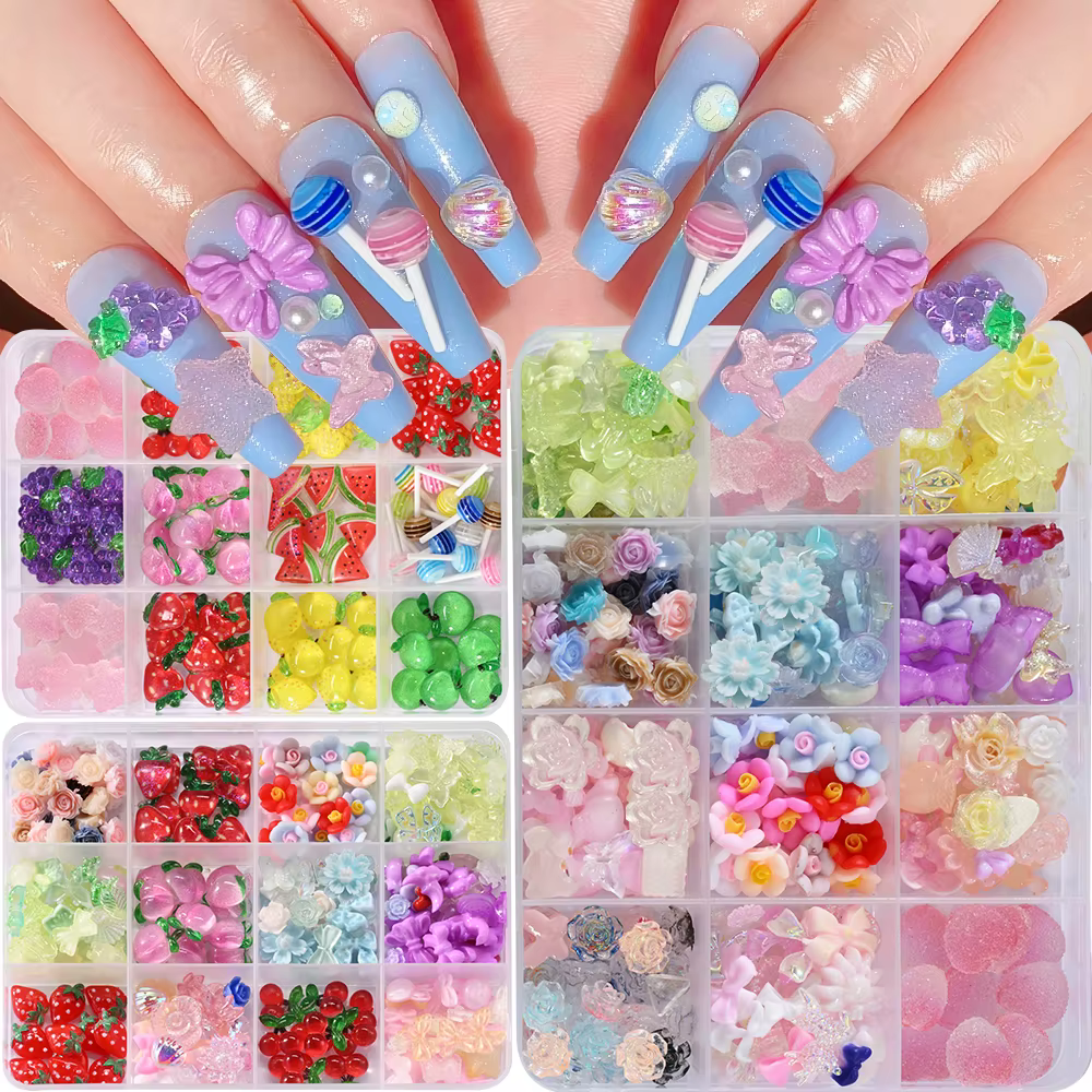 Breloques 3D pour ongles, mélange de Fruits, sucette, fleur, cerise, fraise, pastèque, décorations N