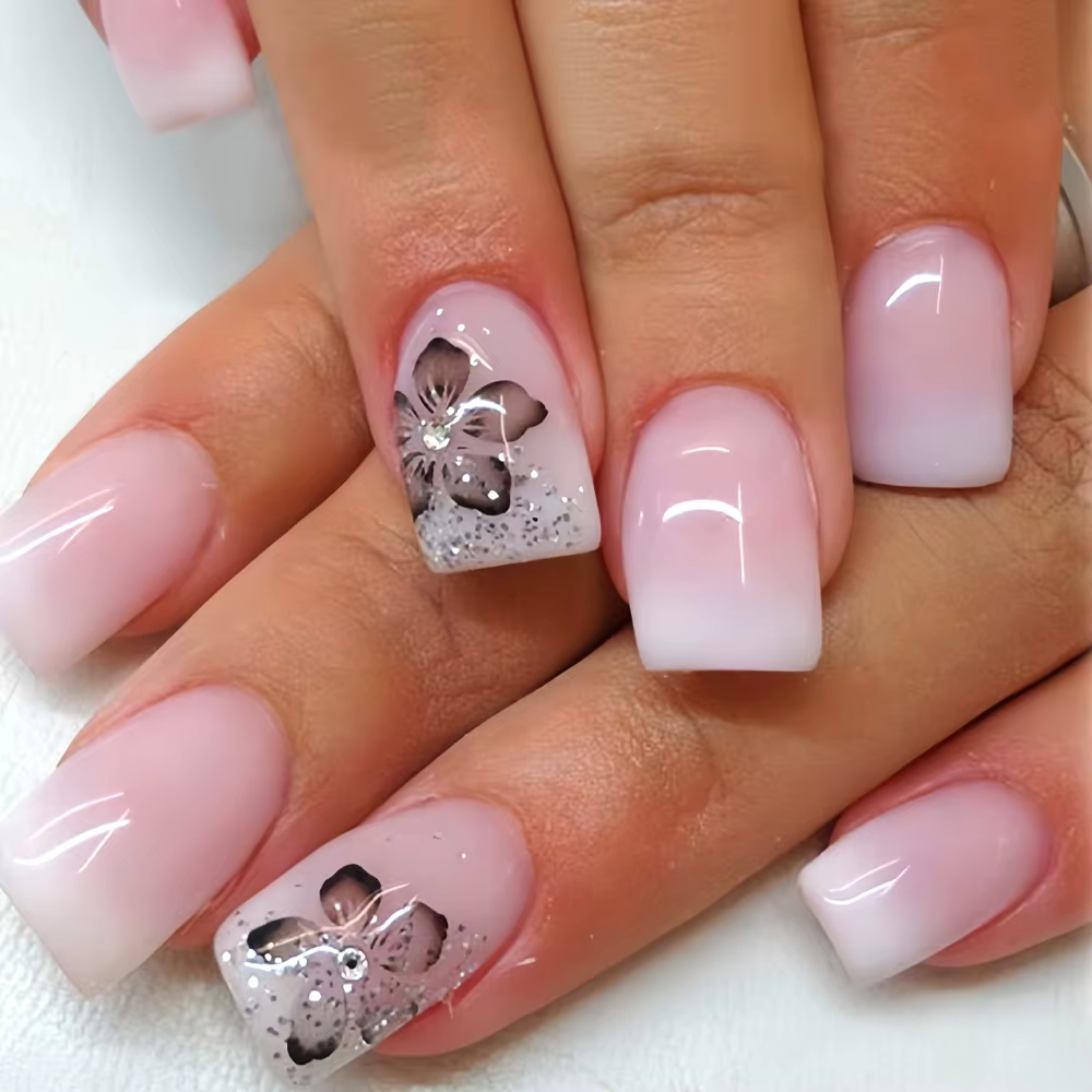 24 pièces fée fleur blanche faux ongles rose pointe française presse sur ongles court carré portable
