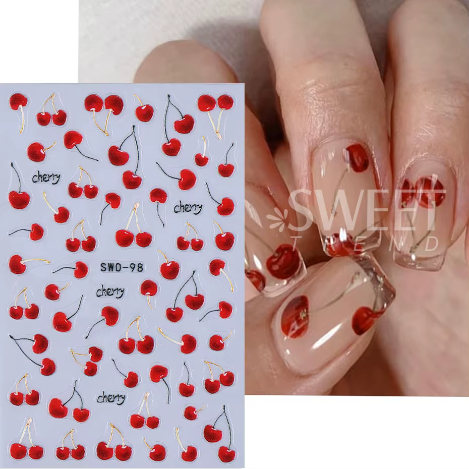 Autocollants pour ongles cerise rouge, 2 pièces, dessin animé fruits cerises tropicaux, Design d'été