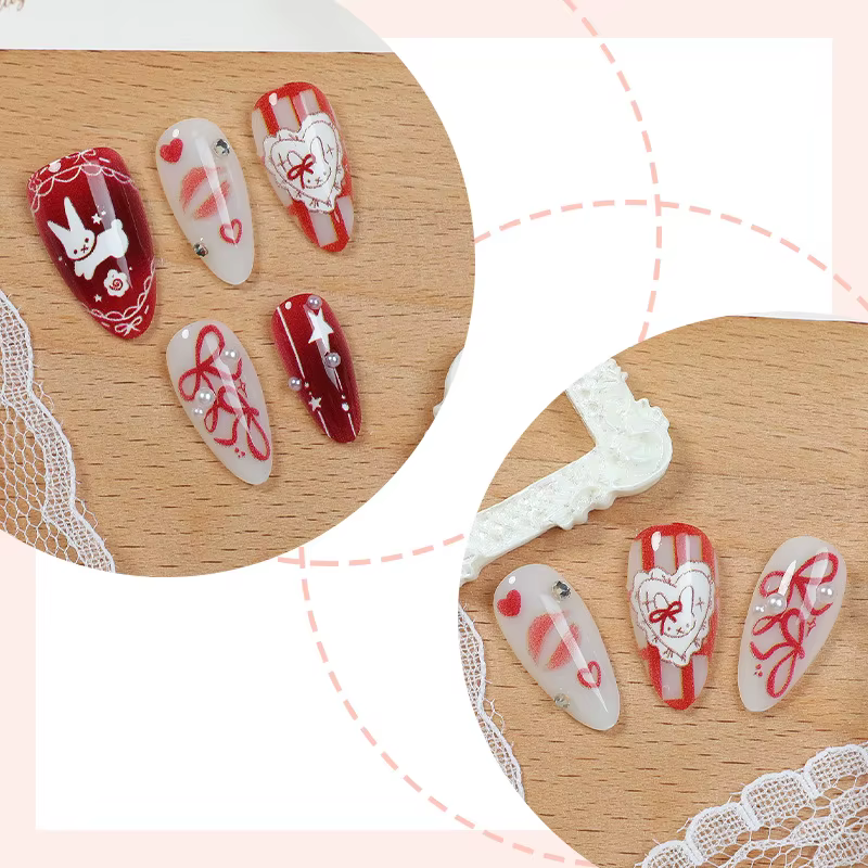 24 pièces arc dessin animé lapin presse sur ongles amande français faux ongles couverture complète p