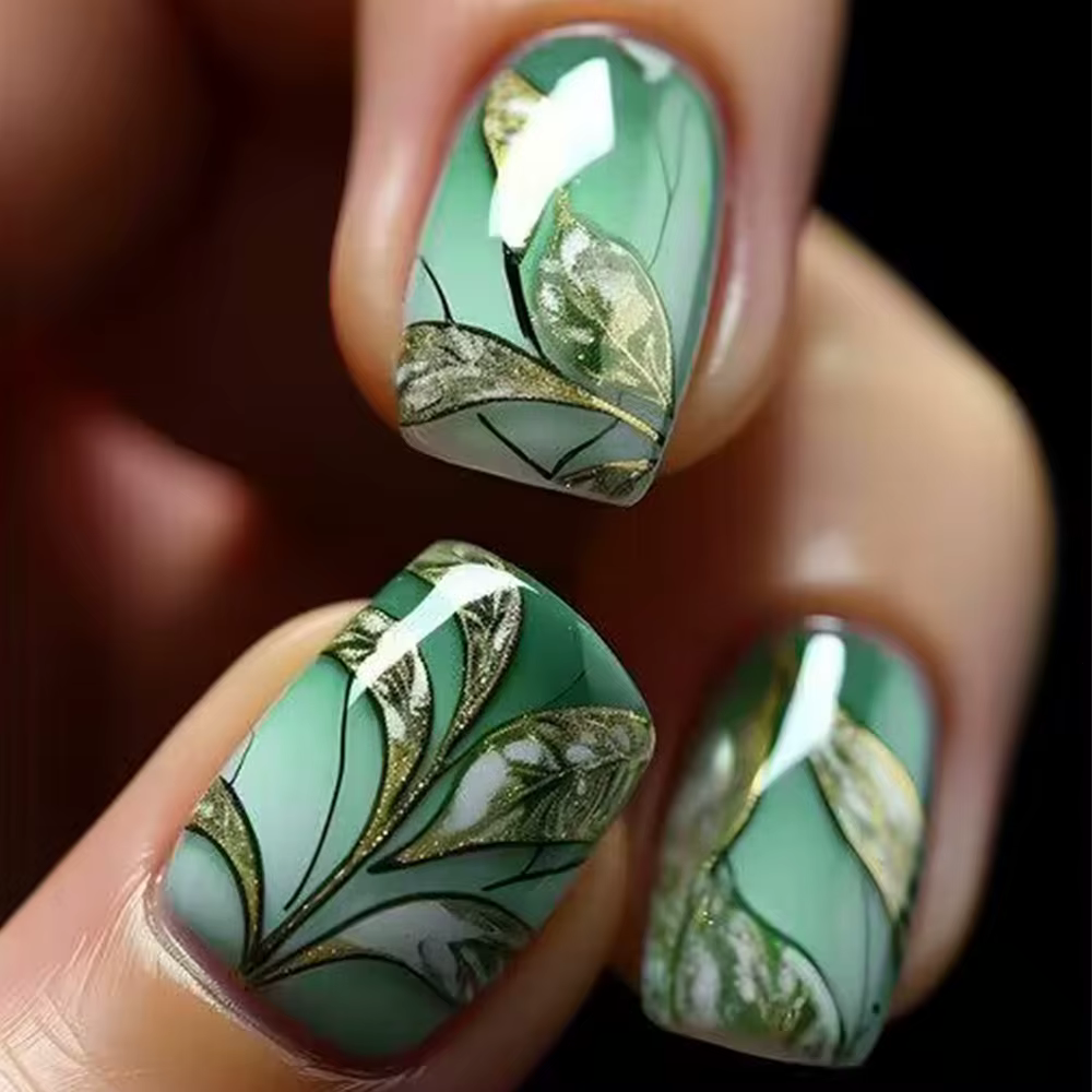 Faux ongles carrés courts et verts, 24 pièces, avec colle, flore, brillant, Simple, couverture compl
