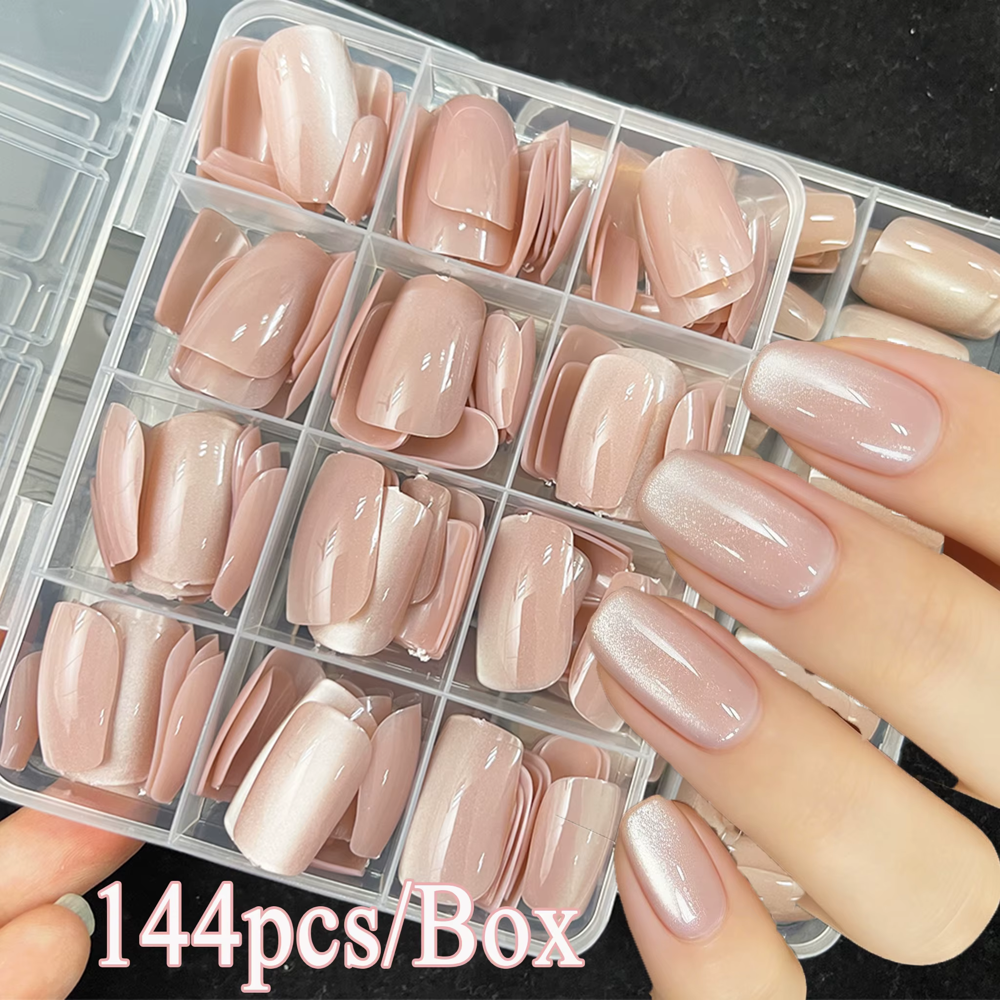 144 faux ongles à presser effet œil de chat rose nude, carrés moyens en acrylique, couvrance totale,