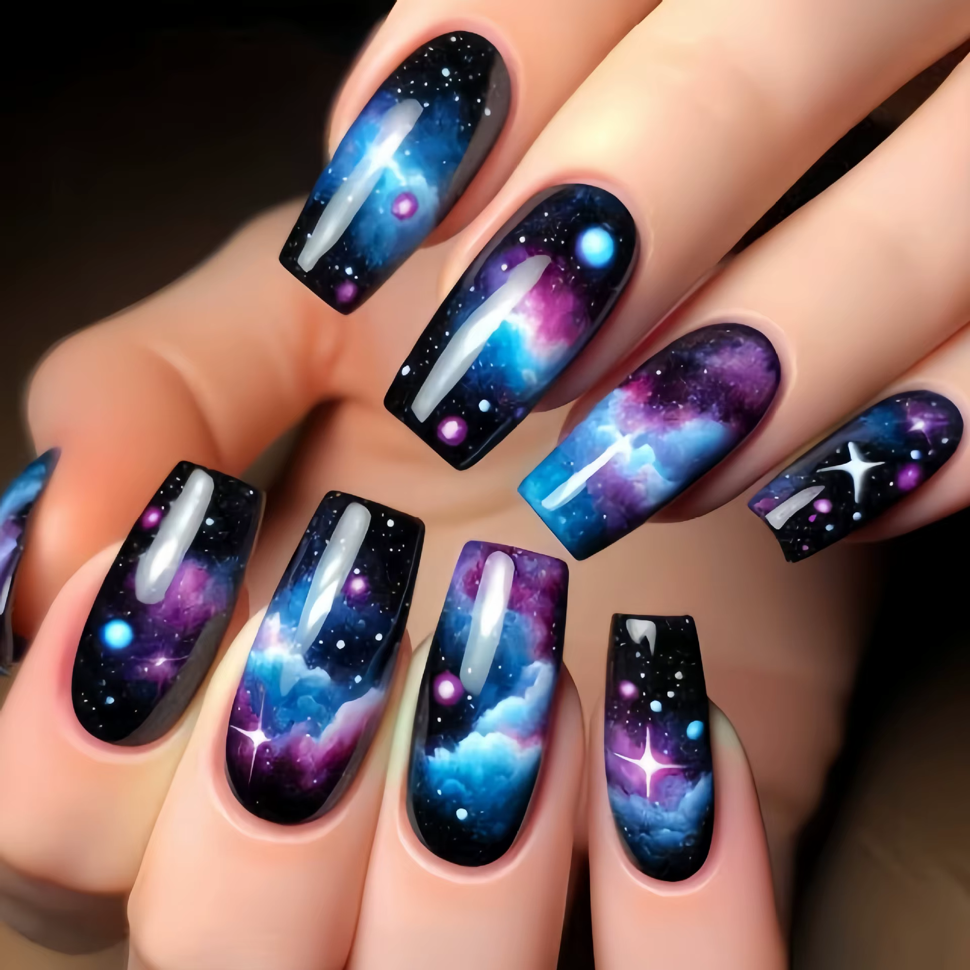 Faux ongles carrés longs moyens pour femmes, 24 pièces/ensemble, nickel é ciel étoilé, noir, bleu, v