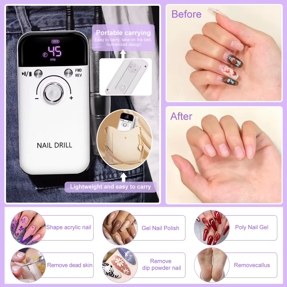 Perceuse à ongles 45000 tr/min, lime électrique Rechargeable pour enlever et polir le Gel acrylique,