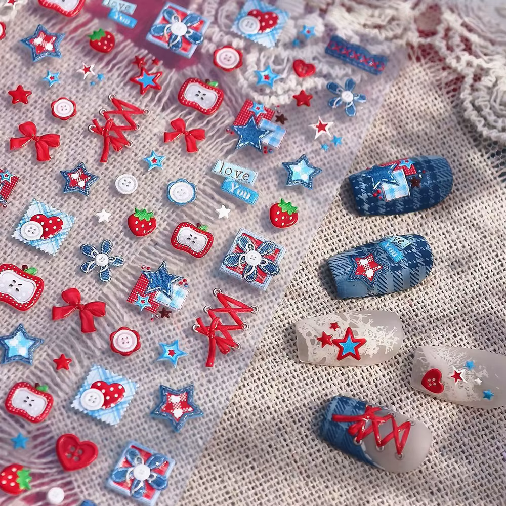 Autocollant pour Nail Art 5D en tissu Denim rétro, ruban rouge, nœud papillon, pomme, cœurs d'amour,