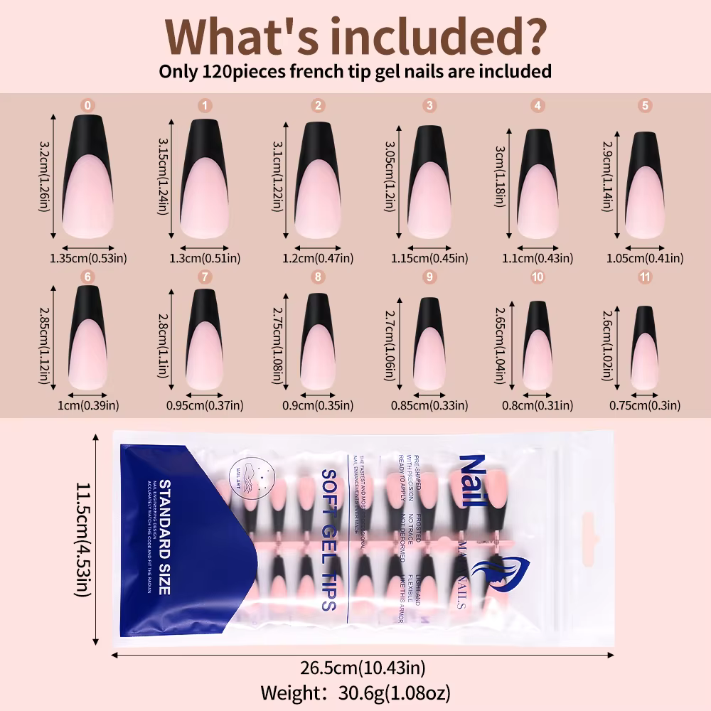 Faux-ongles en Gel français noir, 120 pièces, longs cercueil mats, à pression, 12 tailles, pré-durab