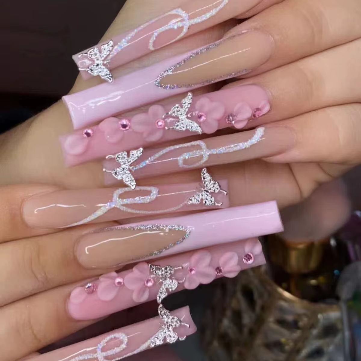 24 pièces de faux ongles Ultra longs en forme de cercueil, à pression, motif français, dégradé et fl