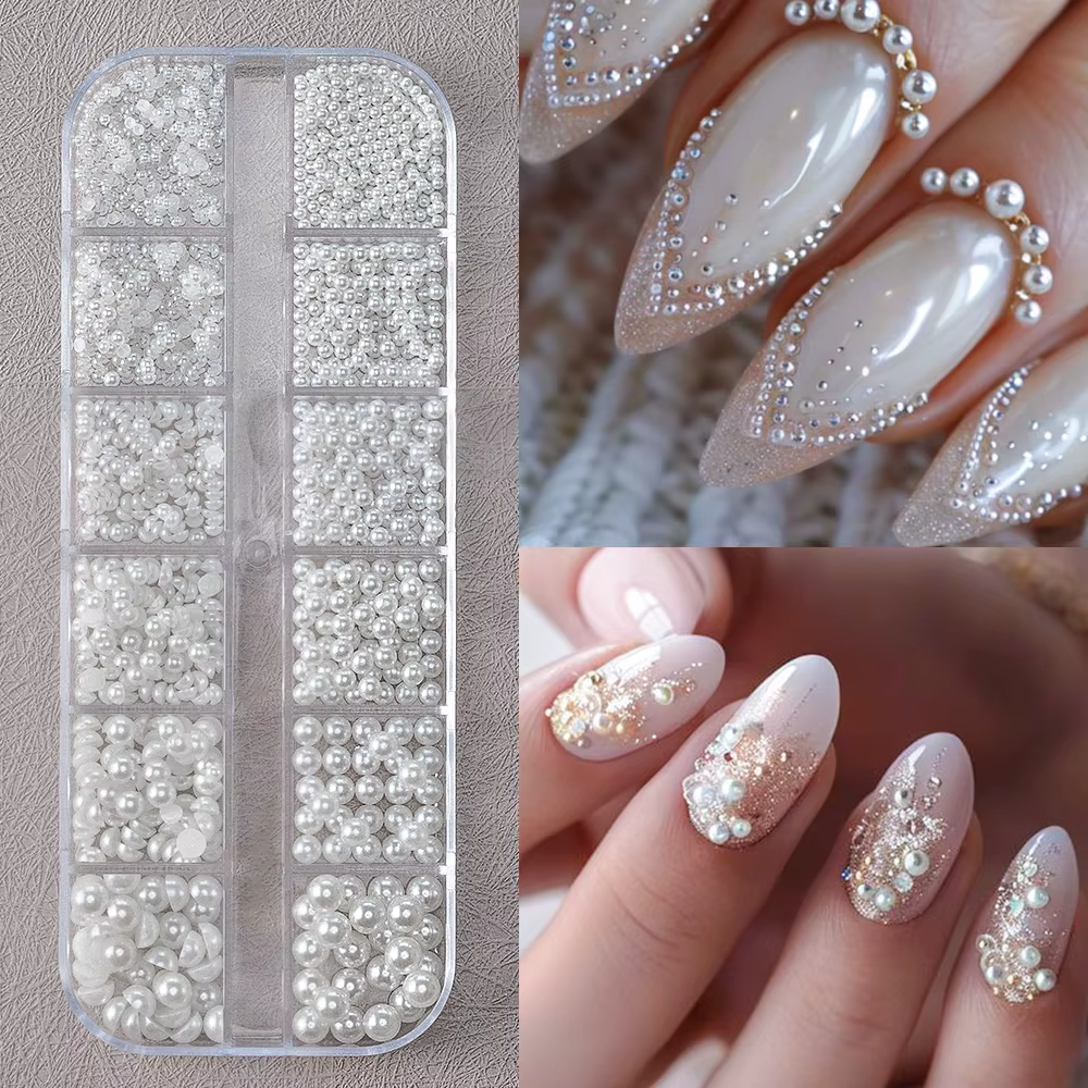 12 compartiments de perles blanches 3D pour ongles, perles rondes/demi-rondes de 1,5-5 mm, perles de