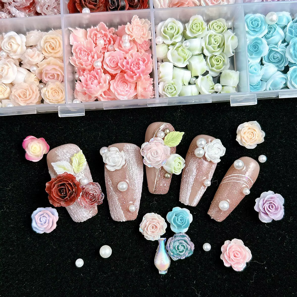 Breloques pour ongles en résine mixte 3D, 12 grilles, fleur de Rose, strass à dos plat, bricolage, d