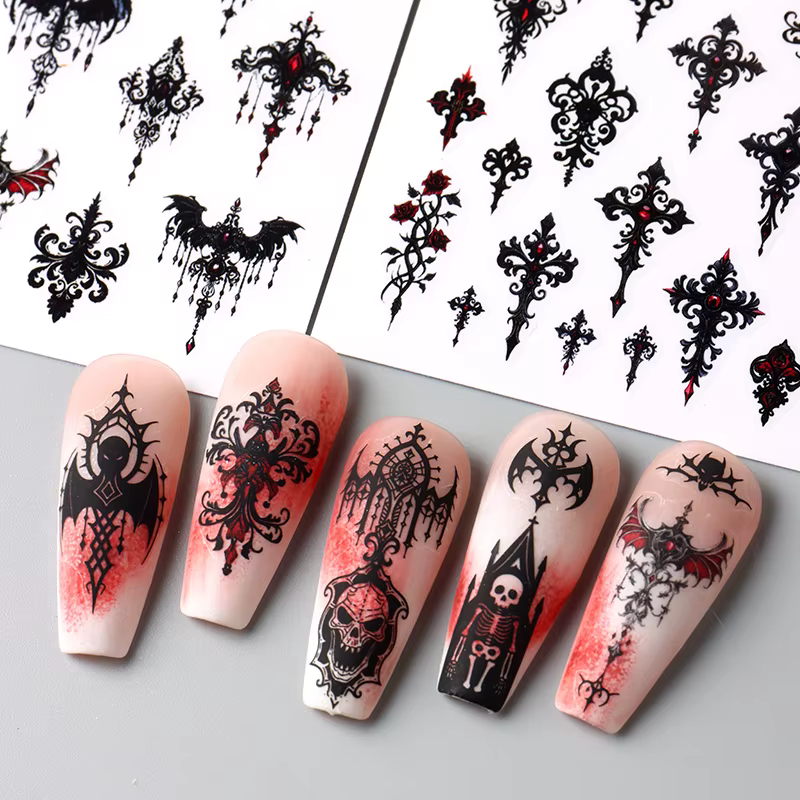 Autocollant gothique noir pour ongles, modèles élégants de mariage, feuilles adhésives effrayantes p