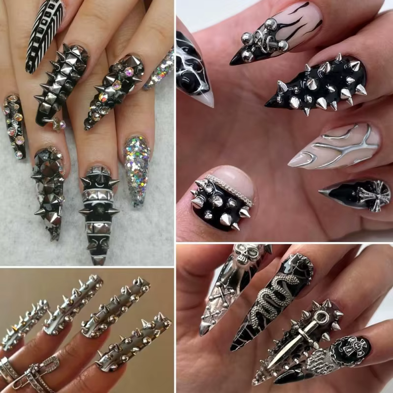 Rivets pour ongles Punk, 6 grilles, pointes, goujons métalliques, cône rond or/argent/noir, breloque