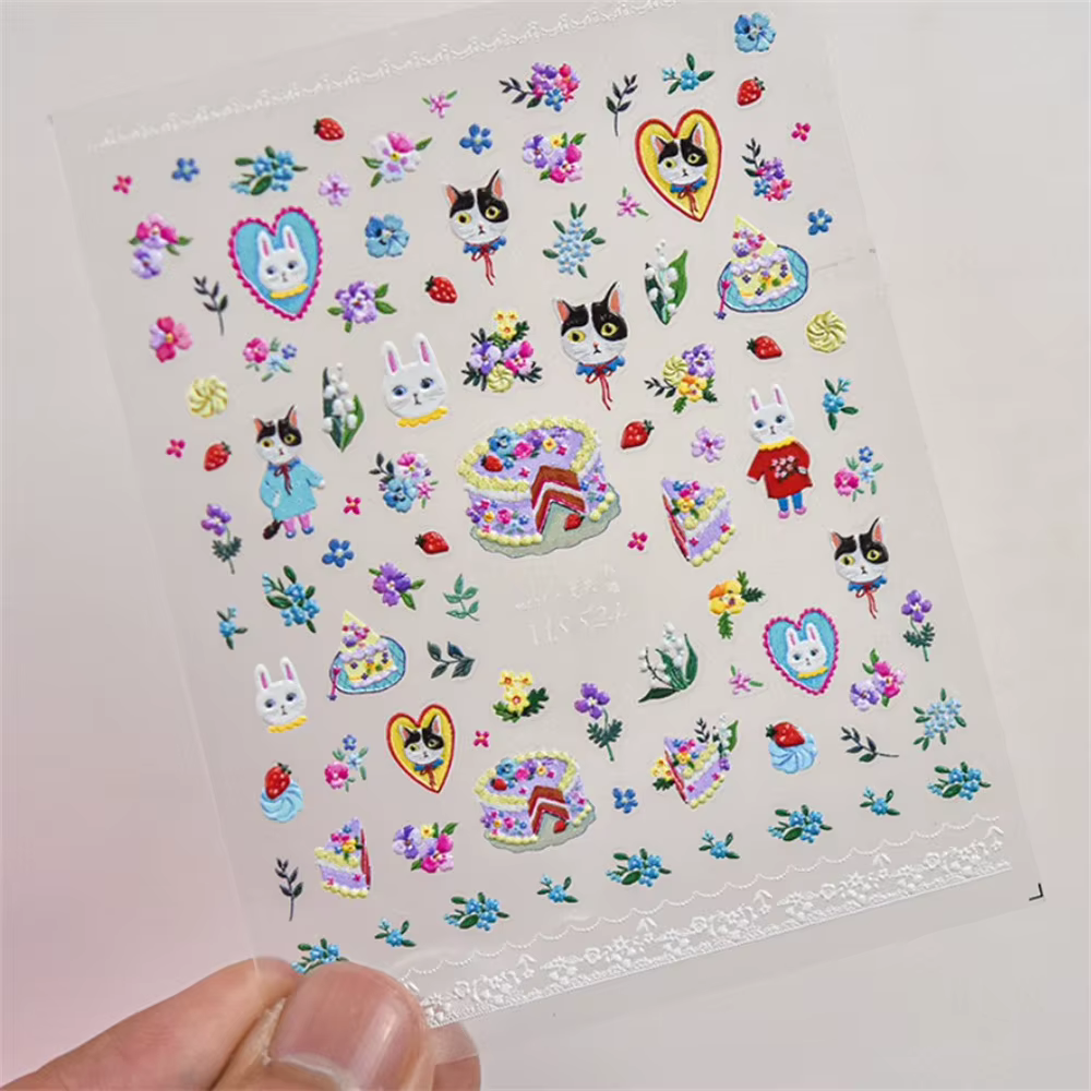 Autocollants 5D chat Kawaii pour Nail Art, 1 pièce, Relief, dessin animé japonais, gâteau rétro, ani