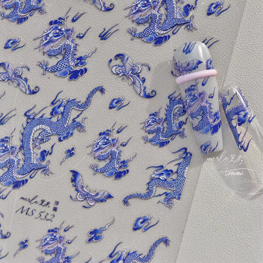 Autocollant pour ongles Dragon en porcelaine bleue et blanche, autocollants de décoration d'ongles r