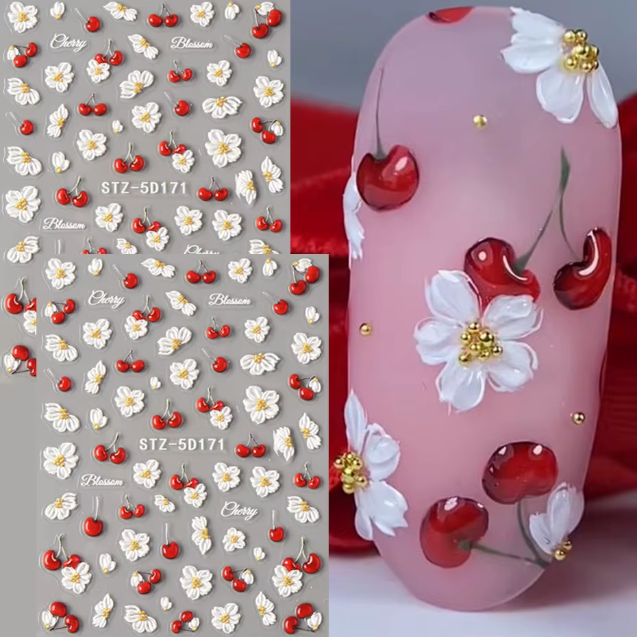 Autocollants pour ongles en relief 5D élégants à motif de cerises, fleurs blanches de printemps, aut