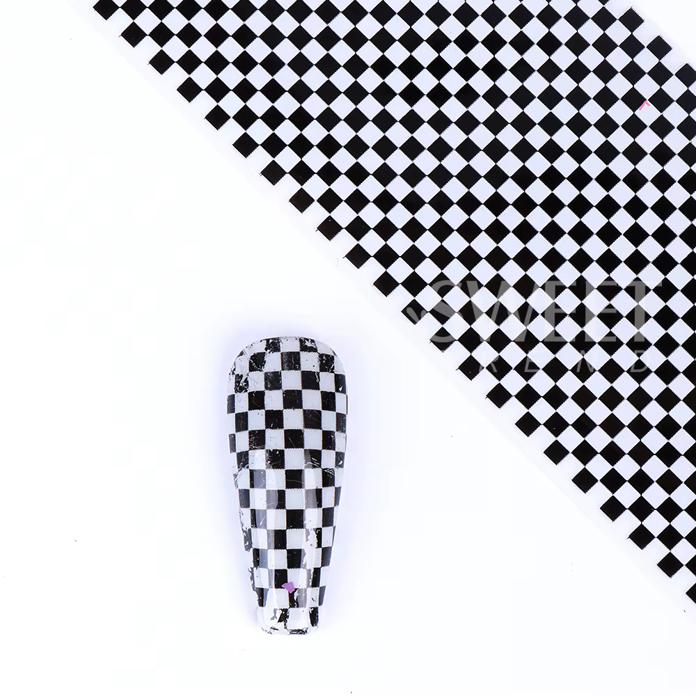 Feuille de transfert pour Nail Art à carreaux, papier de transfert, grille noire et blanche, motif i