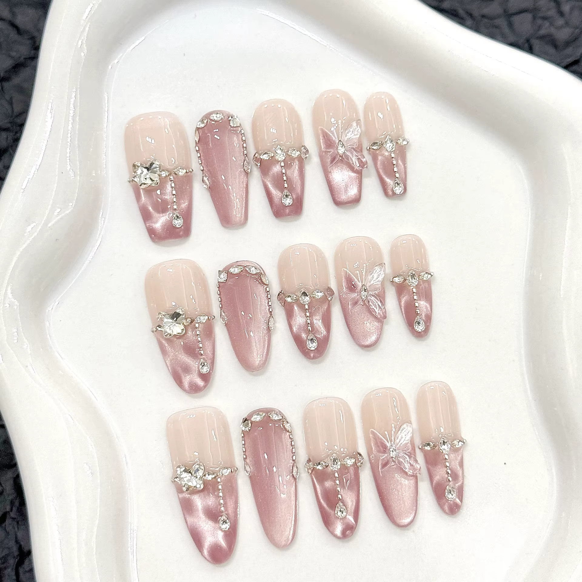10 pièces presse à la main sur les ongles rose papillon conception faux ongles portable réutilisable