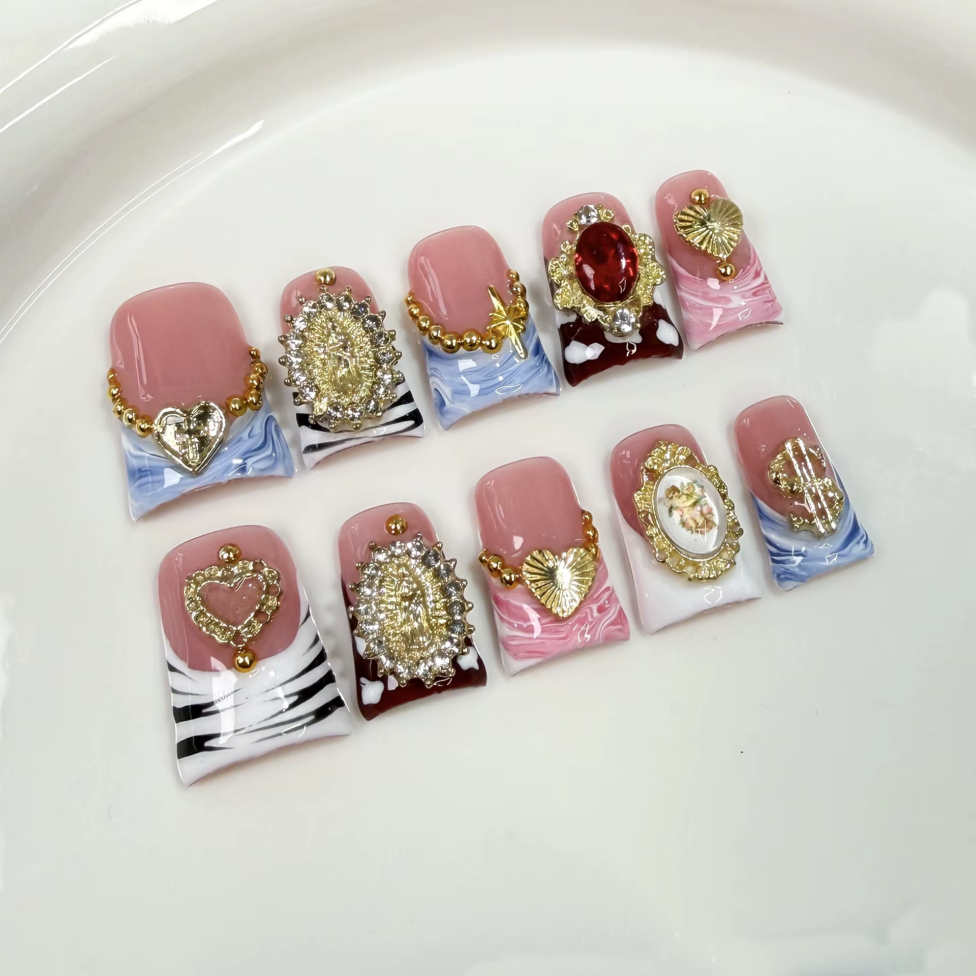 10 faux ongles courts en forme de bec de canard, avec papillons 3D, fleurs, pointe française rose, p