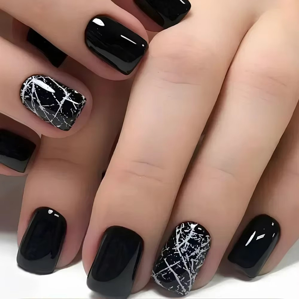 Faux ongles courts noirs solides, 24 pièces, avec motif de Rose, ballerine carrée artificielle, couv