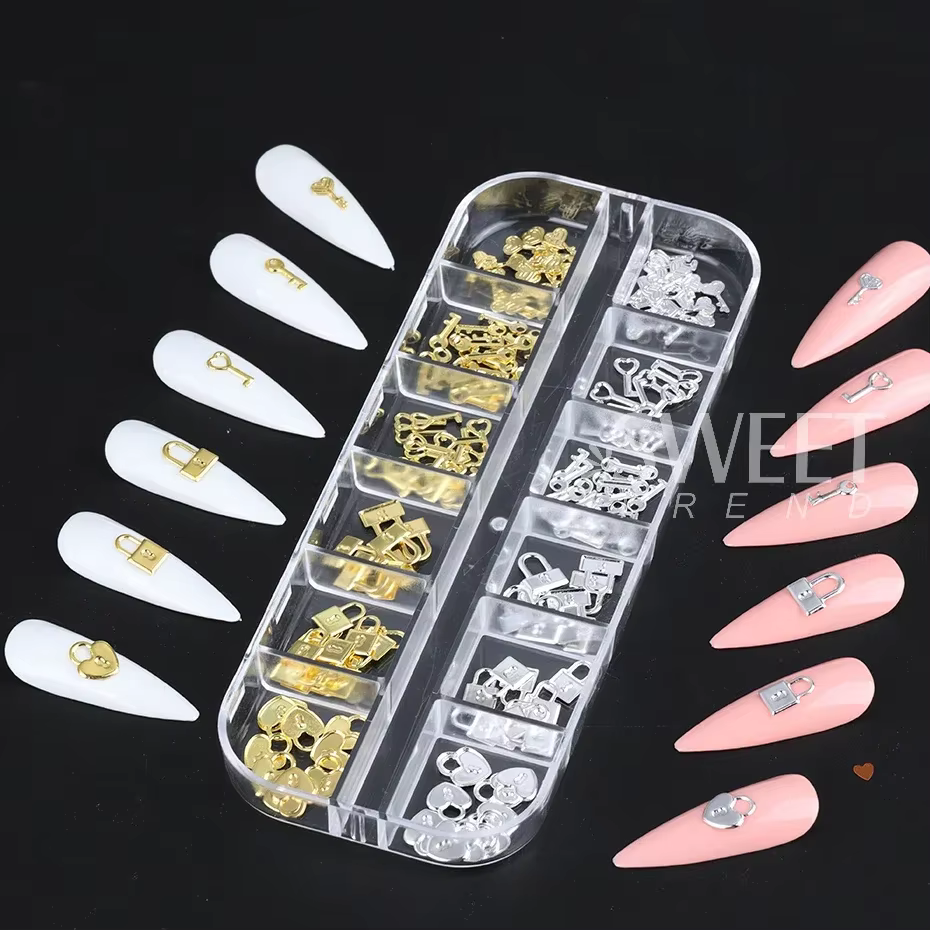 Clé de verrouillage en métal or argent, 12 grilles, pièces de décoration d'ongles, breloques en form