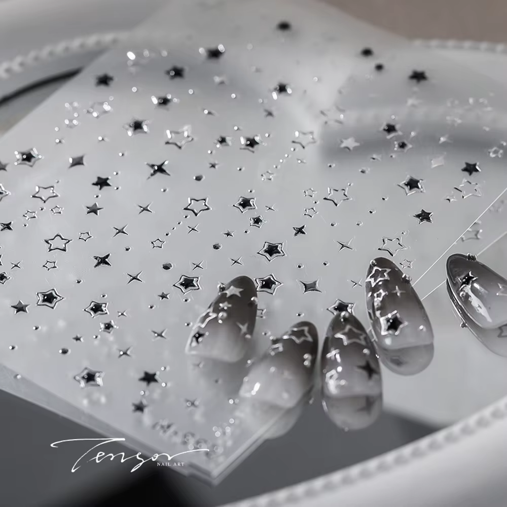 Autocollants pour ongles étoiles de luxe 5D, décalcomanies pour Nail Art, noir et argent, dorure ajo