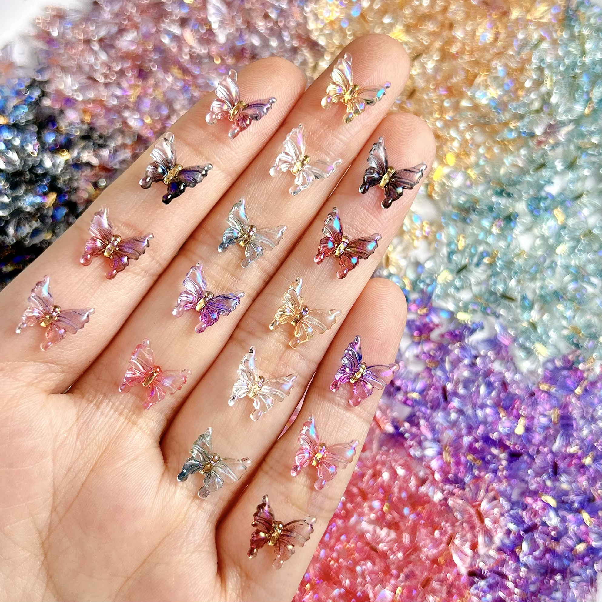 Breloques pour ongles papillon transparentes multicolores, 30 pièces, résine 3D brillante, petit pap