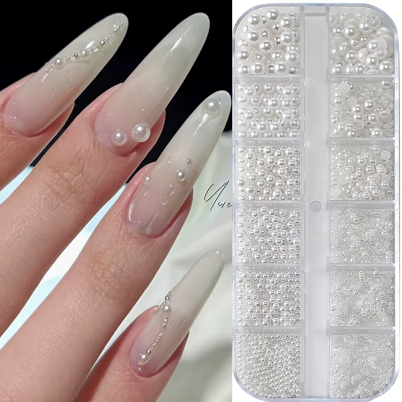 12 grilles mixtes de perles blanches pour ongles, breloques rondes ou demi-cercles 3D, strass pour N
