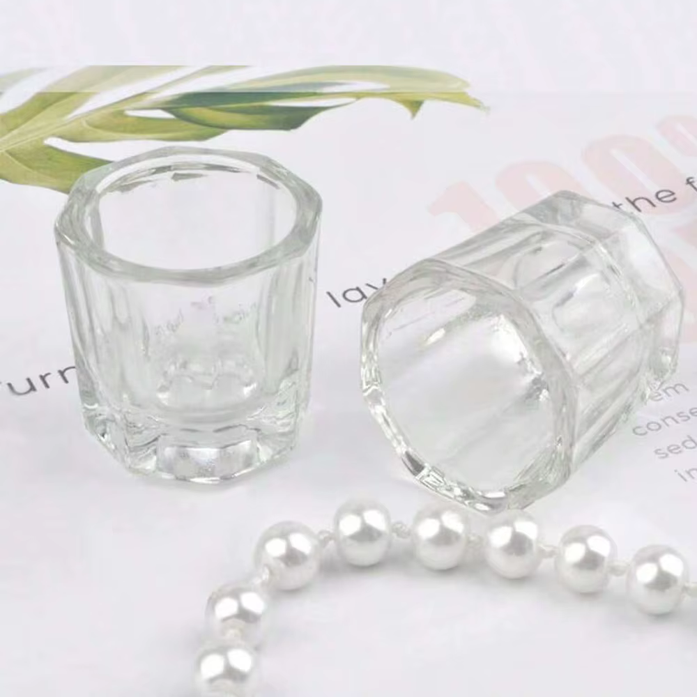 Tasse à ongles en verre de cristal, acrylique transparent, petite poudre octogonale, tasse à ongles